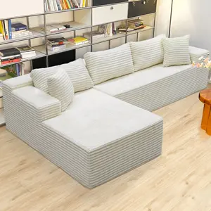 【2 Packages Shipping】104 inches comfortable fluffy L-shaped white sofa, suitable for living room, bedroom, deep seat memory foam plush corduroy boneless sofa section sofa, no assembly required, convenient and comfortable（White)）