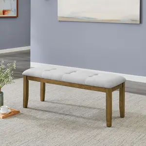 Darla Walnut Oak Dining Bench in Light Gray Fabric with Tufting On-Site