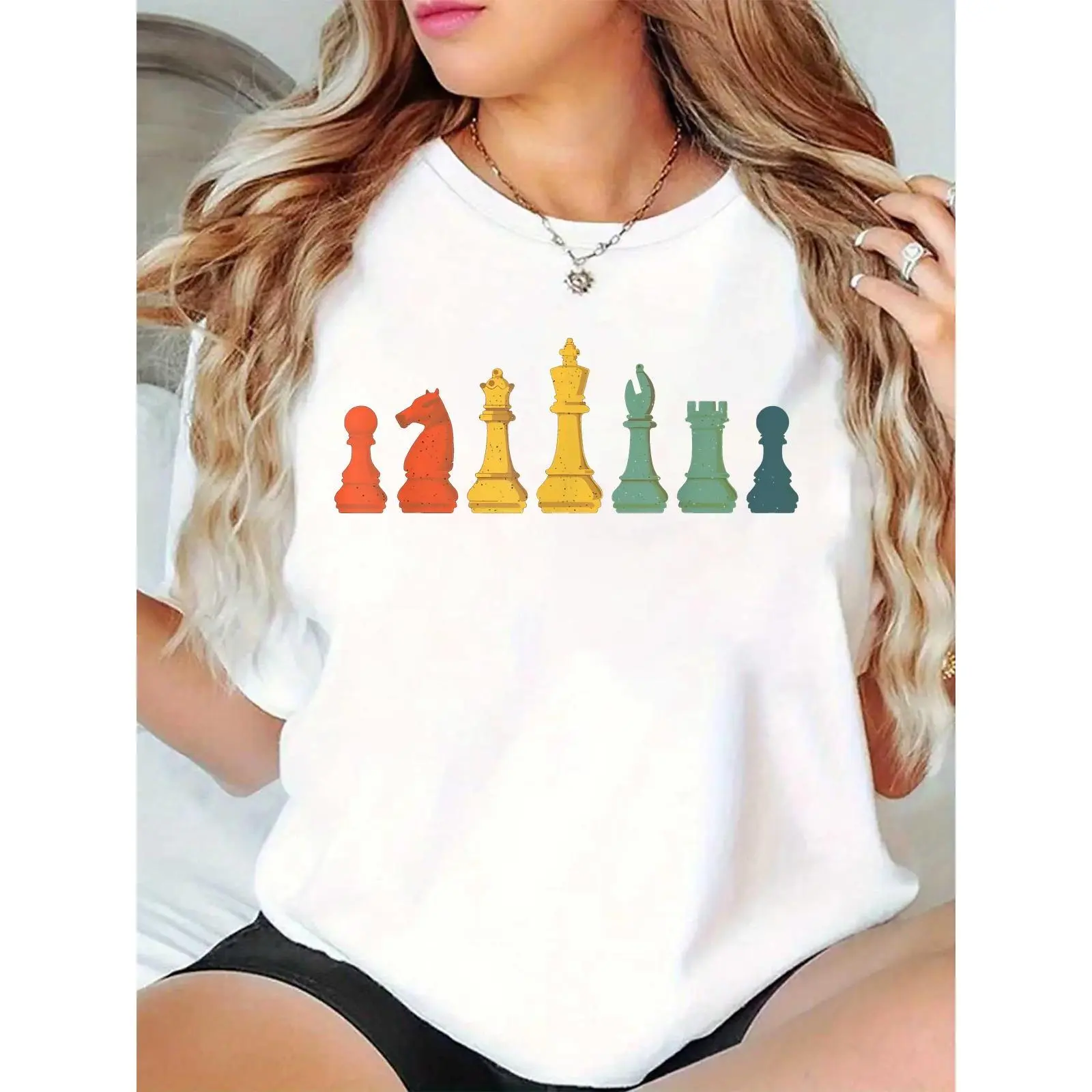 Women's Colorful Chess Pieces Graphic T-Shirt, Casual Chess Lover Tee for Daily Wear, Perfect Gift for Board Game Enthusiasts