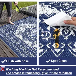Garvee Outdoor Rug for Patio, 8x10 Boho Waterproof Plastic Straw Rug with Carry Bag & Stakes, Reversible and Fade Resistant Outdoor Carpet for RV, Deck, Porch, Backyard in Navy & White or Orange & White