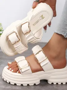 Women's Fashionable Solid Color Platform Sandals, Elevated Sandals, Casual Daily Footwear, Casual Comfortable Versatile Slide Sandals for Beach, Outdoor, Daily Wear, Walking Shoes, PU Leather Slides