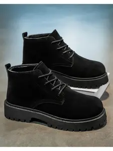 Men's Suede Chunky Platform Ankle Boots, Khaki/Black Lace-up Casual Work Boots, Non-slip Height Increasing Lug Sole Shoes for Men