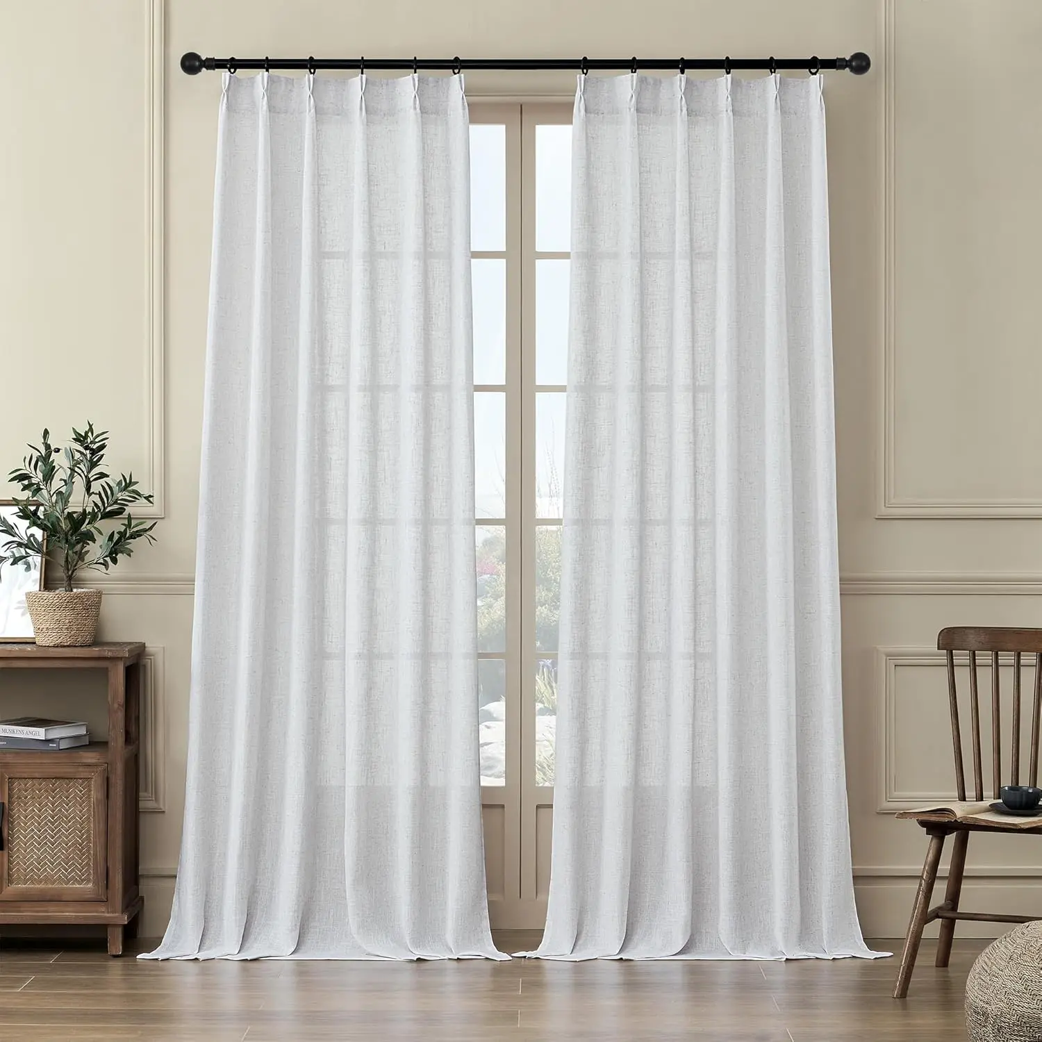 Extra Long White Pinch Pleat Linen Curtains 120 Inches Long 2 Panels for Living Room Semi Sheer Pleated  Tab 2 Story Drapes Light Filtering Curtain with Hooks for Dining Room W38xL120