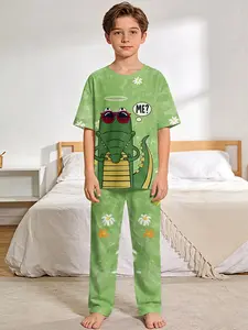 Cool and Stylish Sunglasses Crocodile 2-Piece Set: Boys' Digital Printed Short-Sleeve Pajamas with Long Pajama Pants, Made of Flame-Retardant Fabric. A fashionable, trendy, casual, comfortable and soft pajama set, suitable for sleeping and home leisure.