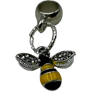 Bee Charm Bail Bead - 2 pack - Silver-Toned with Yellow and Black Bee Design Charm