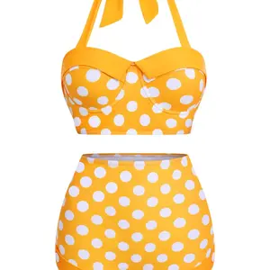 YELLOW 1950S POLKA DOTS HALTER BIKINI SET High Waisted Swimsuit