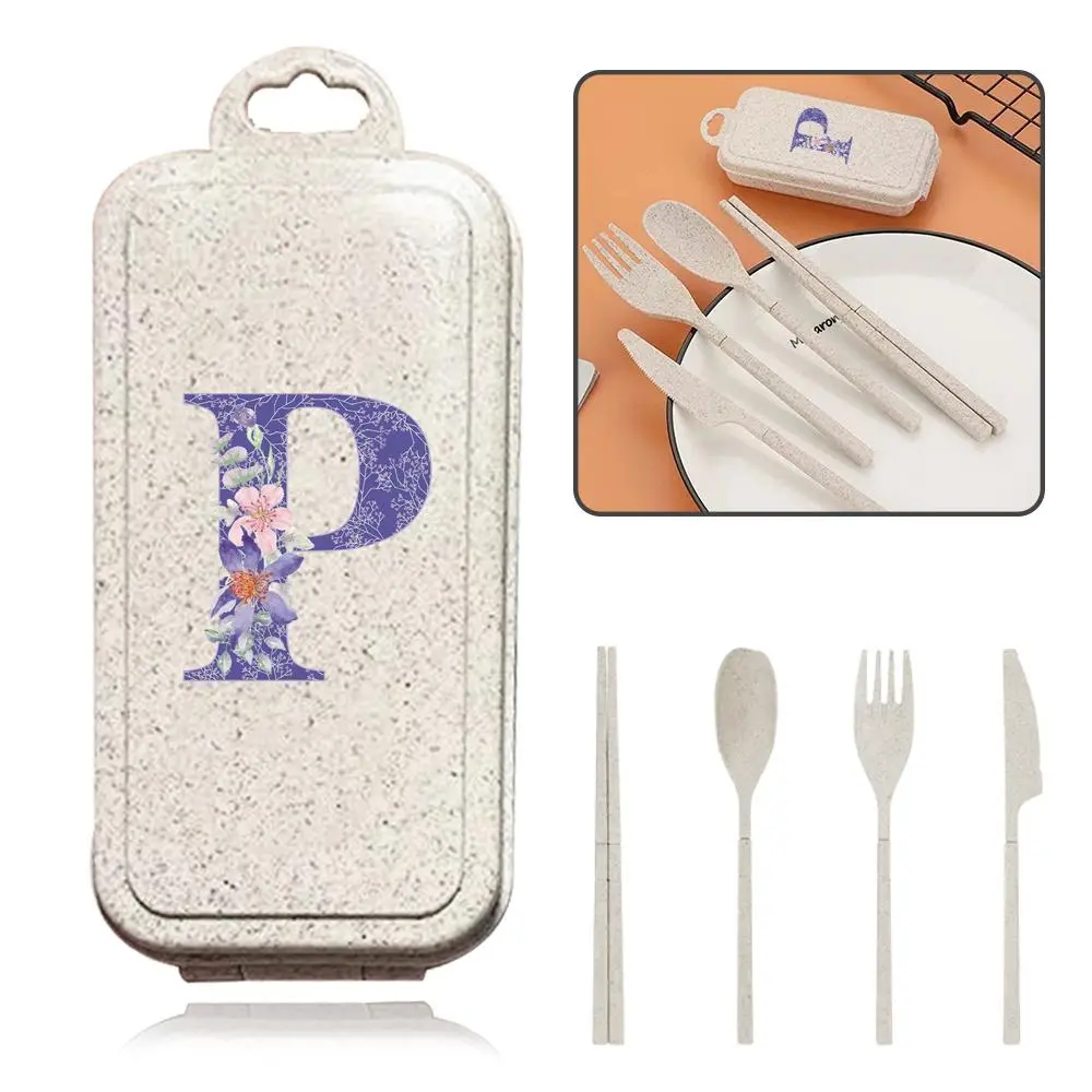 Letter Pattern Cutlery Utensils Set with Storage Box, 4 Counts/set Including Fork, Spoon, Knife & Chopsticks, Travel Tableware Kit for Outdoor Dining, Portable Tableware Set