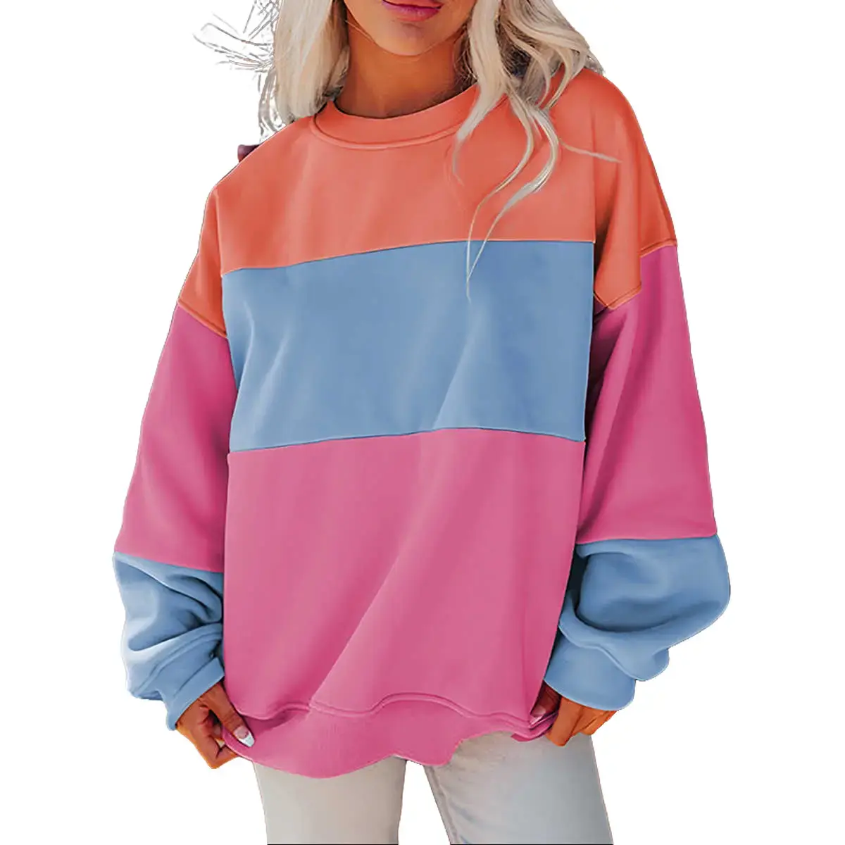 Women's Bright Pink Colorblock Patchwork Drop-Shoulder Casual Cotton-Polyester Hoodie, Loose Pullover Top for Everyday Fashion