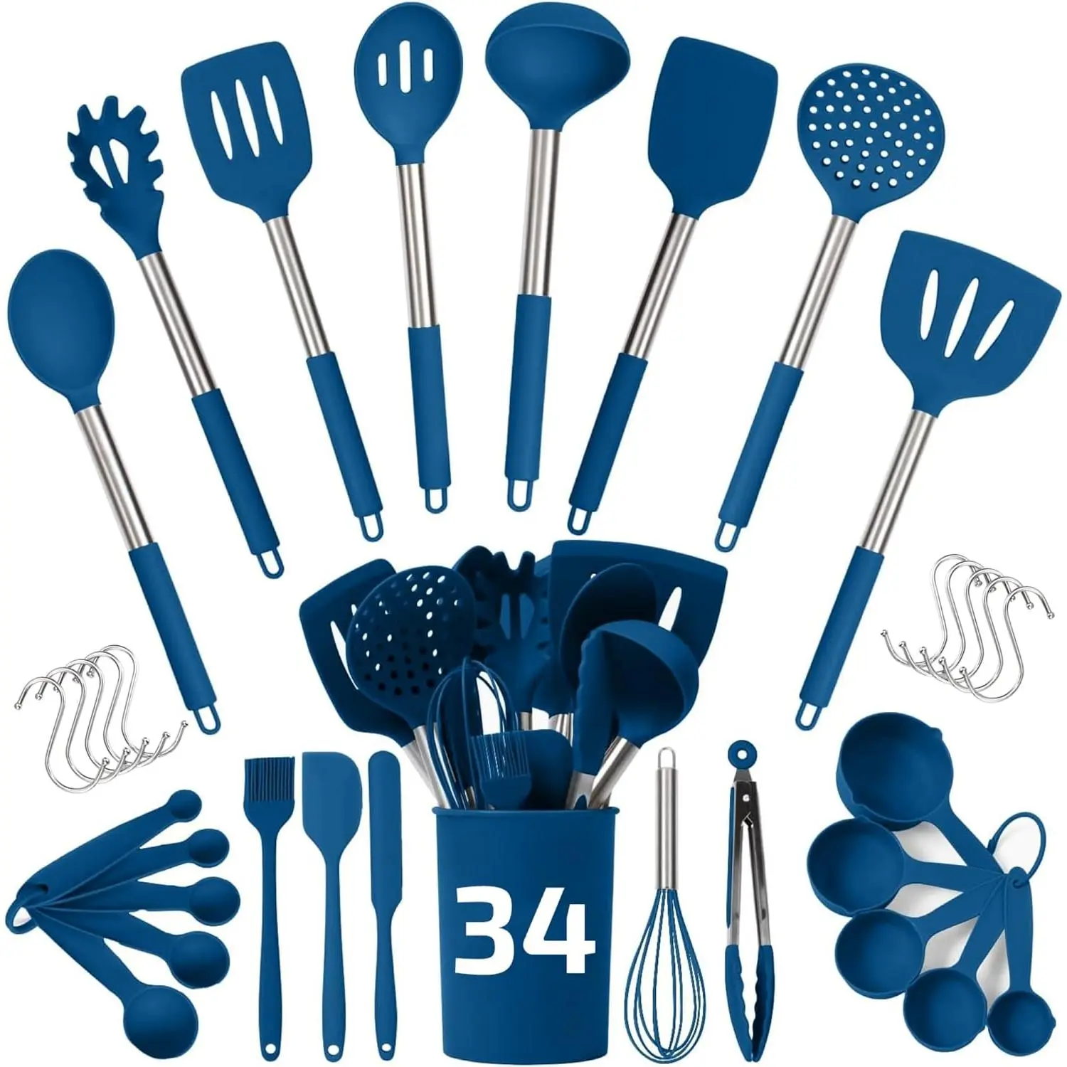 Silicone Kitchen Utensils Set 34 Pieces 450 °F Heat Resistant - Blue Cooking Utensils-Set for Nonstick Cookware - Silicone Spatulas Set, Stainless Steel Handle & Other Kitchen accessories