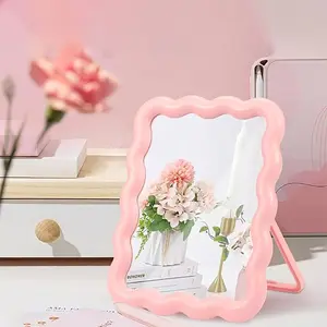 Wave Shaped Table Desk Vanity Makeup Mirror, Cute Portable Travel Folding, 6.7x5.3 Inch, Home Decoration, Standing Hanging, Foldable Makeup Mirror