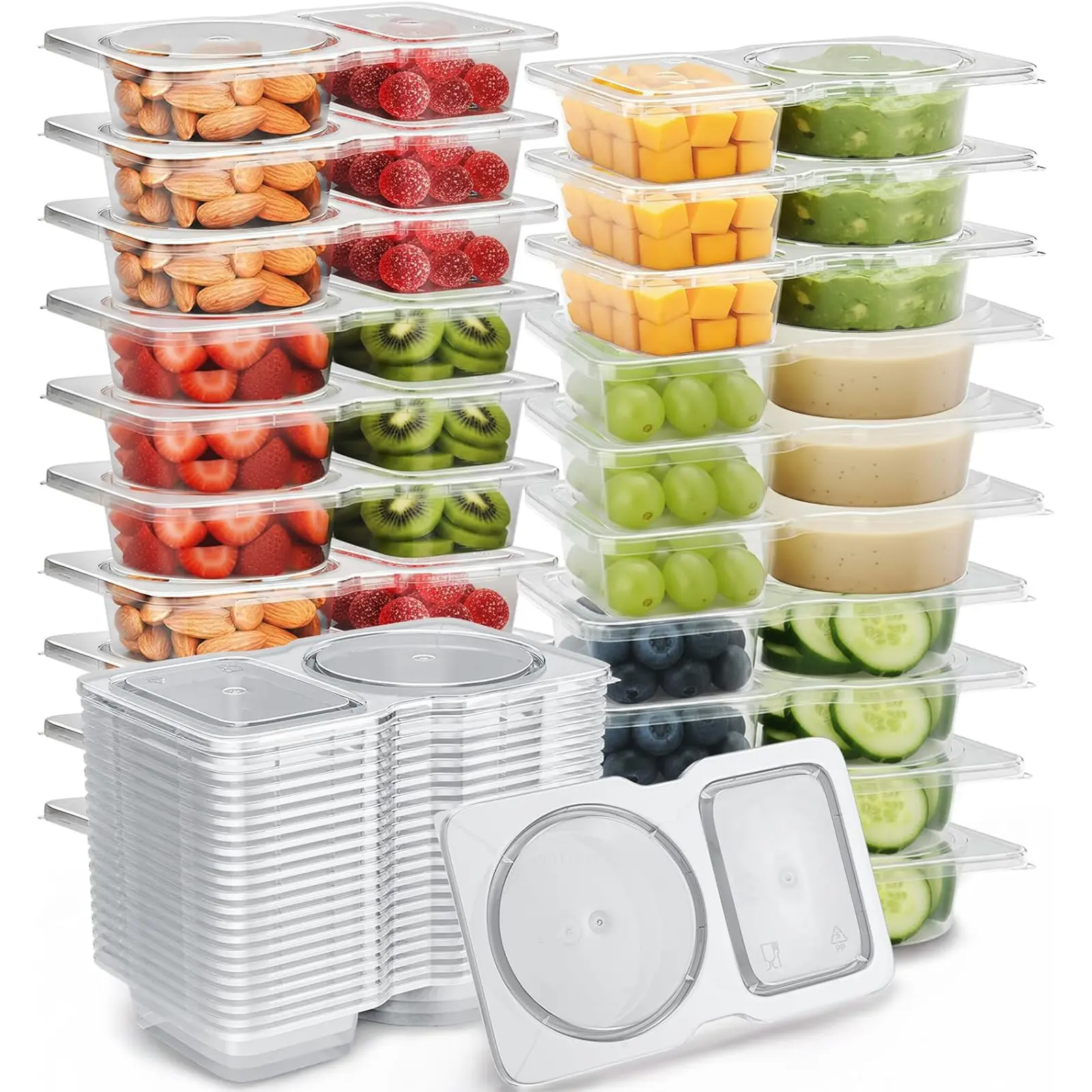 40 Pack 2‑Compartment Disposable Food Storage Containers with Lids, Reusable Plastic Meal Prep Containers, Divided Snack Containers for Fruit Vegetable Lunch Portion Control, Stackable Microwave Freezer Safe