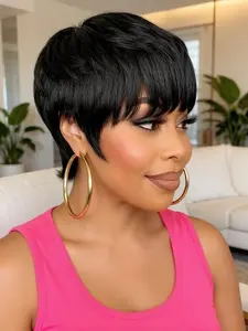 99j Burgundy Pixie Cut Human Hair Wig for Women, Full Machine Made Short Straight Wig with Natural Hairline, Ideal for Daily Use