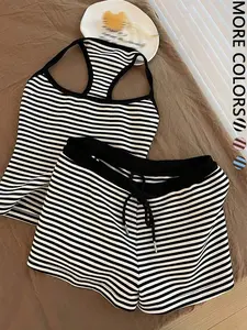 Basic Striped Casual Matching Set for Women - Halter Sleeveless Crop Top &  Shorts Beach Vacation Outfits