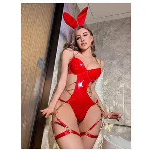 Christmas 4 Piece Lingerie Set PU Leather Backless Chain Lingerie Bunny Bodysuit with Garter and Headband Cosplay Costume