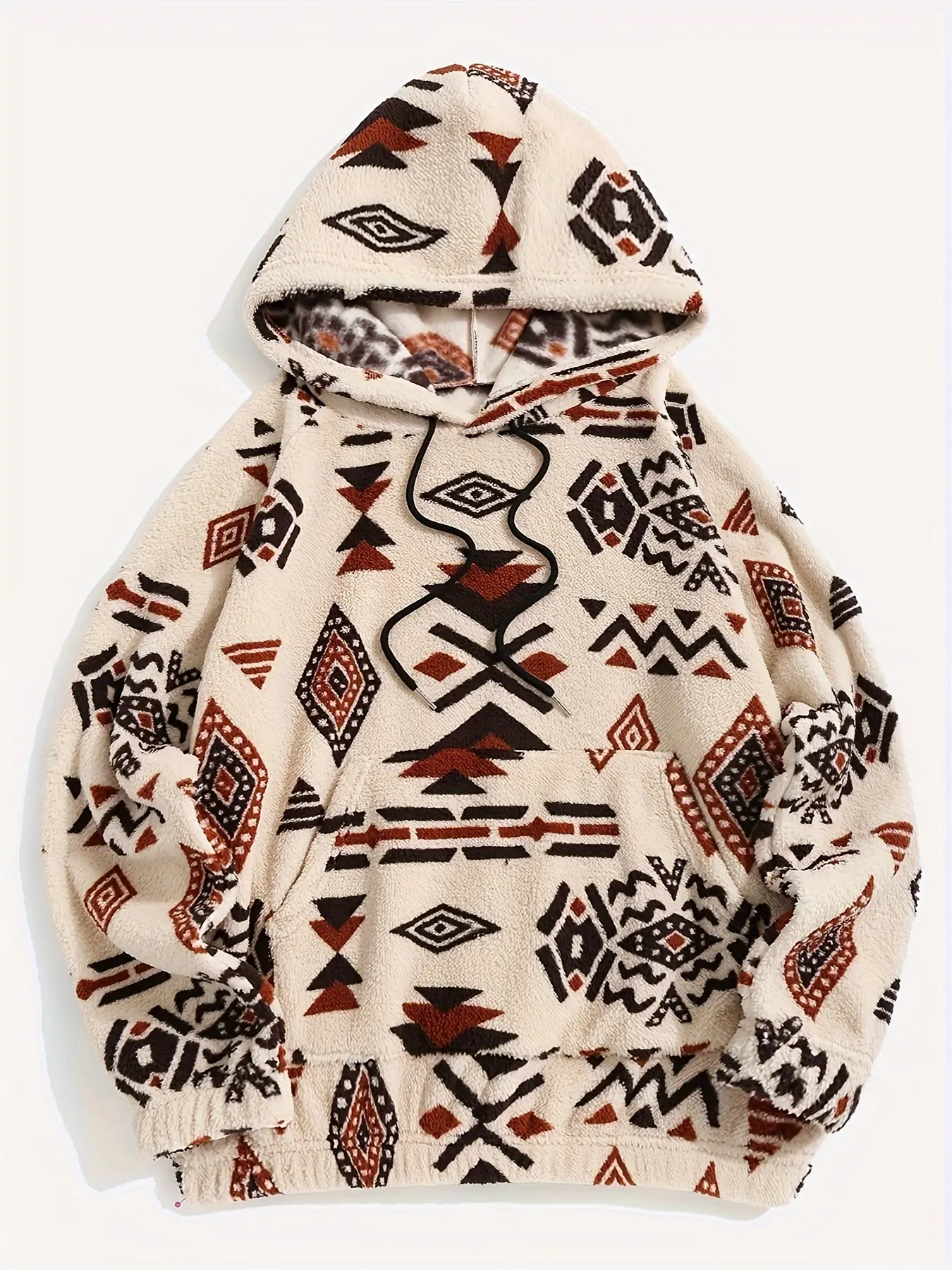 Women's Geometric Print Drawstring Adjustable Fuzzy Hoodie, Long Sleeve Pocket Hooded Top for Fall & Winter, Women's Clothes for Daily Wear, Casual Cozy Sweatshirt