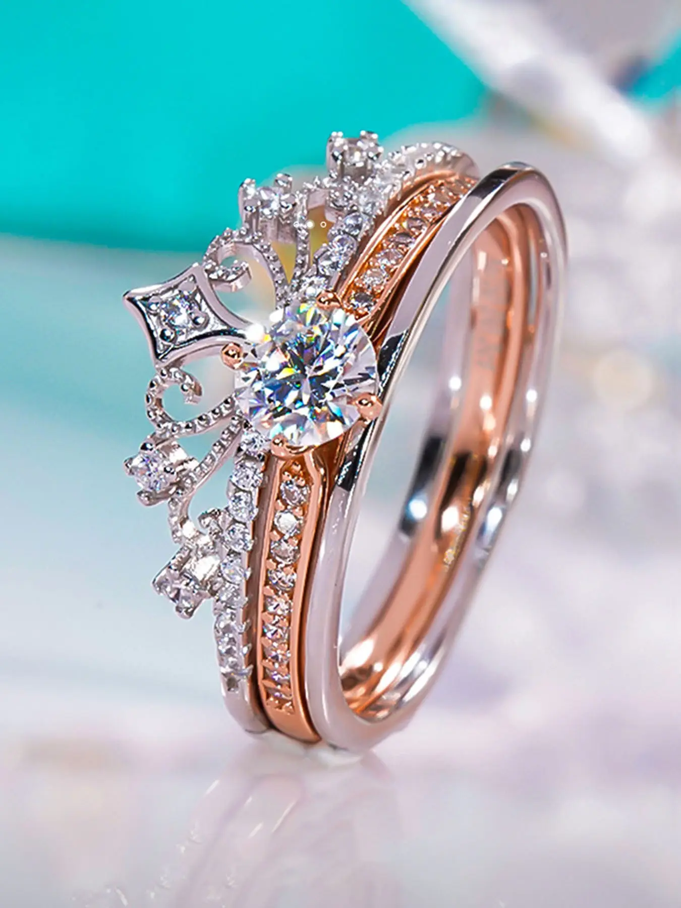 Fireworks Castle Ring Princess Sparkling Crown Ring Stackable Double-Layer Two-in-One Adjustable Rose Gold Versatile, Engagement/Wedding Ring, Exquisite Jewelry Gift, for Wife, Girlfriend, Family, Delicate Christmas, Valentine's Day, Anniversary Gift