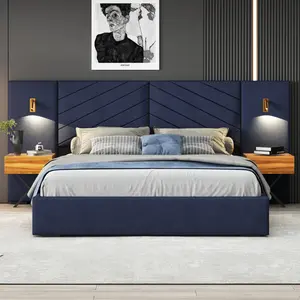 King Size Bed Frame, Oversized Headboard Platform Frame, Luxury Bed Frame with Built-in Gold LED Lights and Nightstands, No Box Spring Needed, Retro Blue