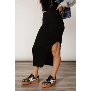 Harlow Midi Skirt - Black split hem bodycon skirt