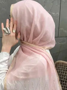 Women's Fashion Rhinestone Water Ripple Organza Long Scarf, Breathable Sun-Protective, Casual Daily Wear, Ideal Gift for Muslim Women