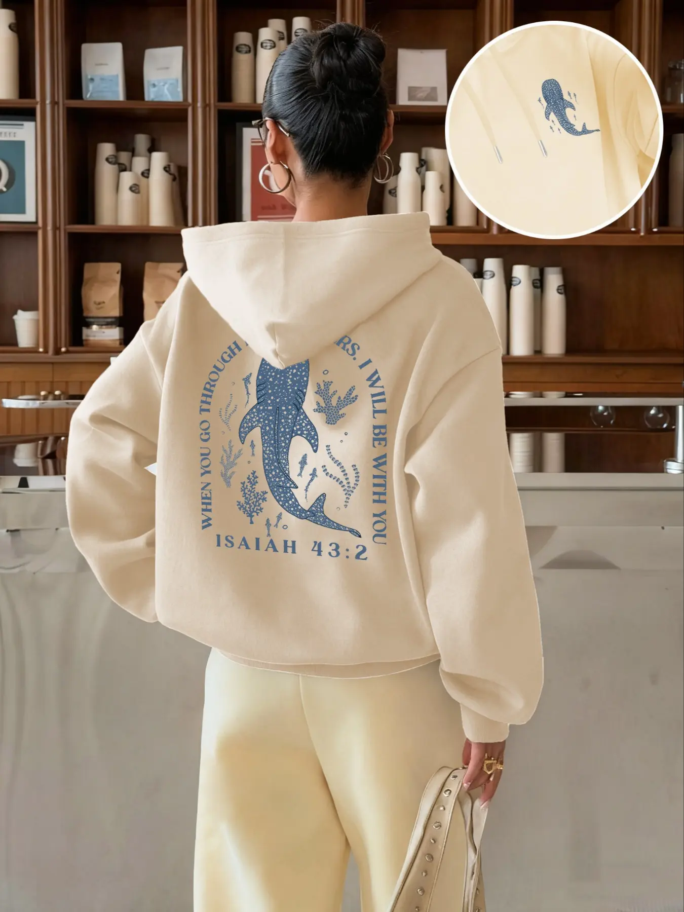 Women's Whale Shark Print Graphic Hoodie, Aesthetic Graphic Pullover, Casual Long Sleeve Loose Fit Pullover, Fall & Winter Fashion, Youth Style, Letter Pattern, Animal, Sweatshirts, Casual Pullover Hoodies, Printed Hooded