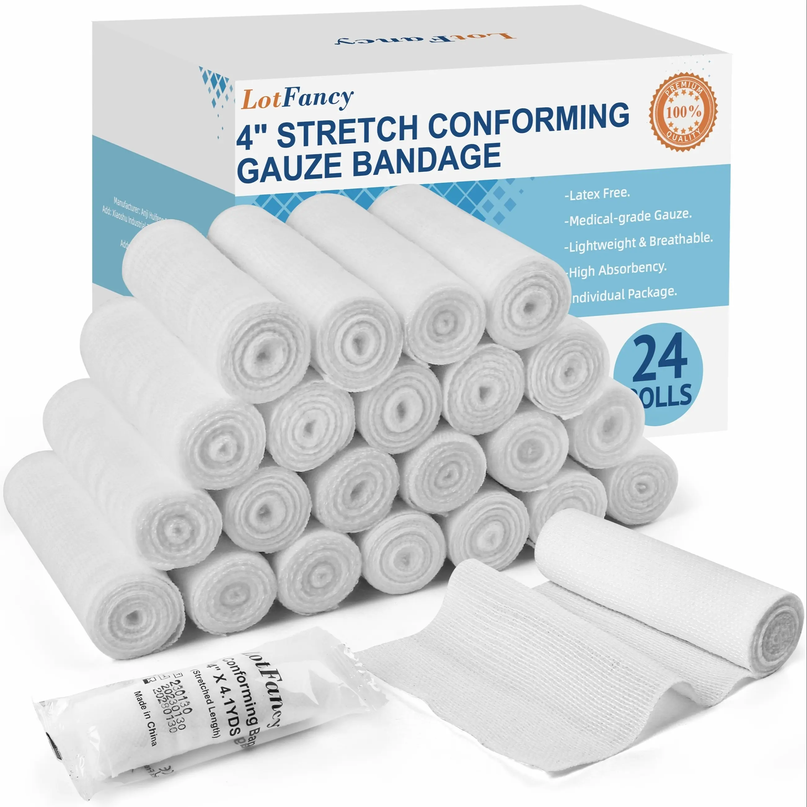 Lotfancy Individually Wrapped Stretch Gauze Roll for First Aid Latex-Free, Bandage for Wrist, Knee, Hemostasis, Outdoor Use, Gauze Bandage Roll, 24 Count Gauze Wrap, 4 Inch X 4 Yards Stretched, Conforming Gauze Rolls, Care Supplies