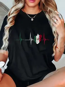 100% Cotton Unisex Mexico Heart Mexico Flag Heartbeat EKG Pulse Mexican Pride T-Shirt Classic Fashion Womens Mens Apparel