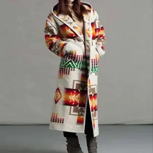 Women’s fashion ethnic-style printed hooded long coat loose outerwear color-matching women’s sweatshirts