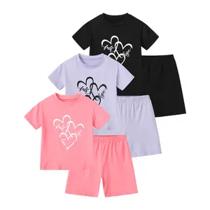 #SummerVibes 6-Piece Set of Girls' Spring/Summer Heart-Print Short-Sleeve Shorts Outfits: Sweet and Cute Casual Activewear for Kids Ages 3–14