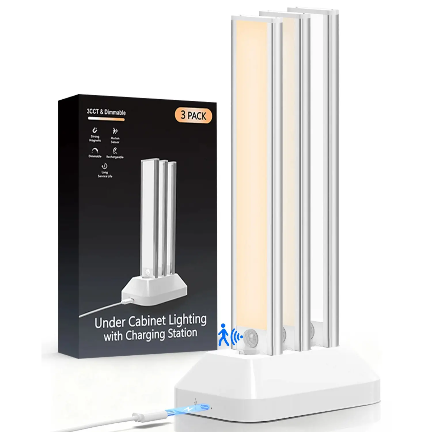 MATULSA 3-Pcs Under Cabinet Motion Sensor Lights - Rechargeable Wireless USB-Powered Lamps with Dock Base, 8/10/12/14in Adjustable for Kitchen, Bathroom Home Improvement, Under Cabinet Lighting