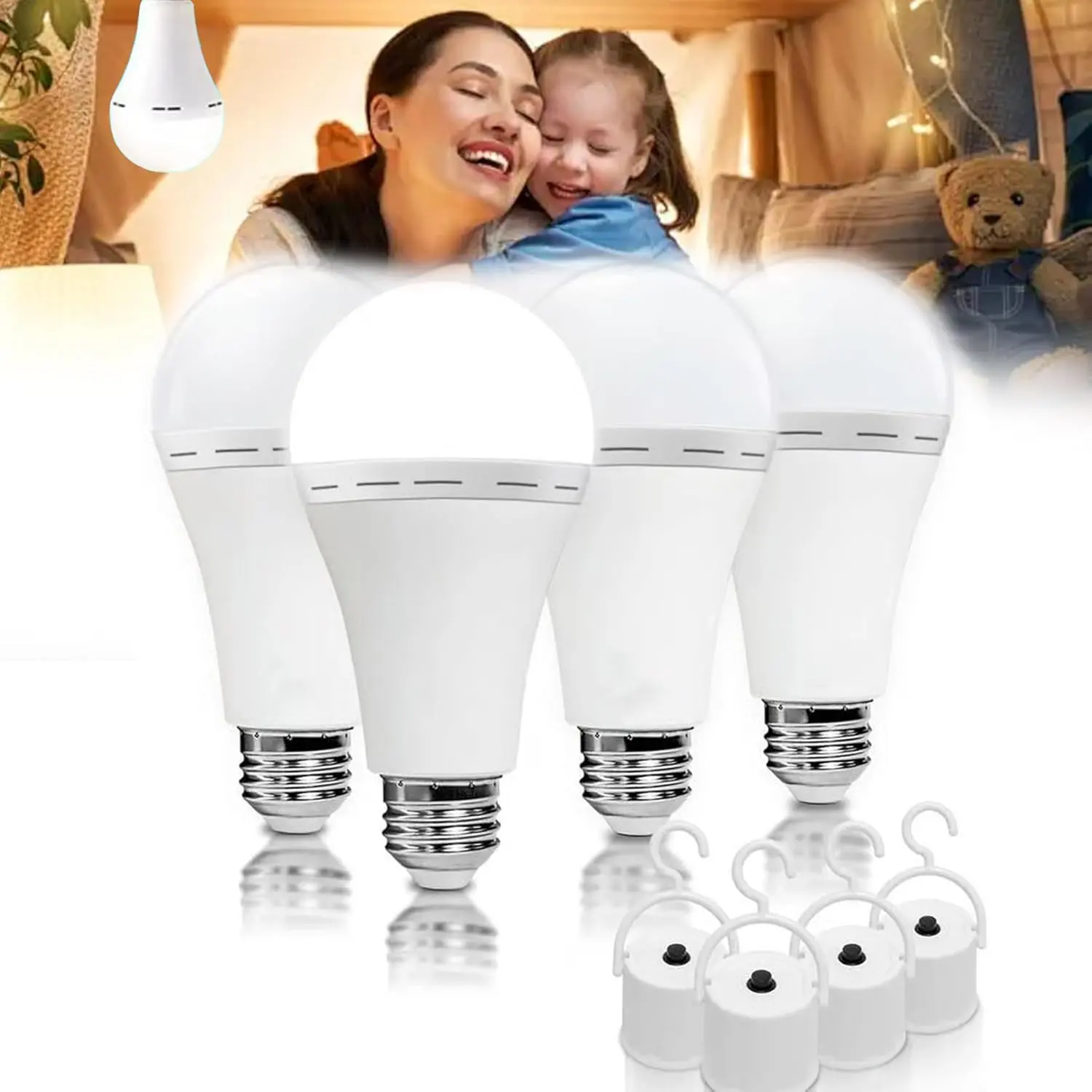 2-in-1 Emergency LED Light Bulb with Hook: Self-Charging & Auto-Lighting When Power Off | IP65 Waterproof | 3 Lighting Modes | 1200mAh Battery | Portable for Daily Use, Home Emergency, Outdoor Camping, Tent & Hurricane Preparedness