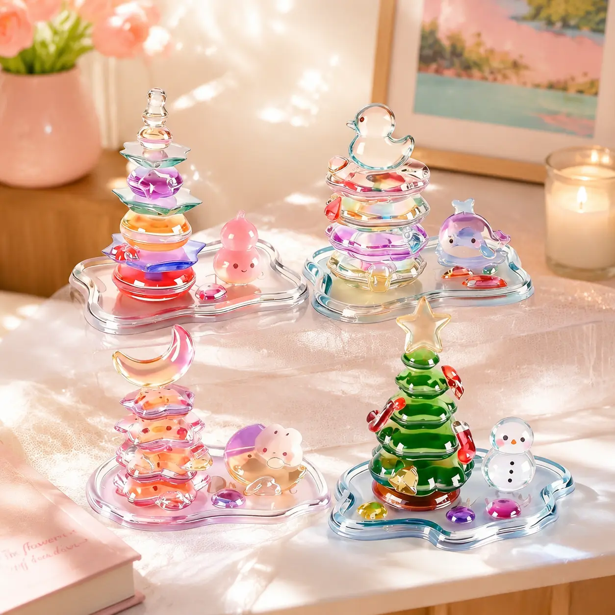 4PCS Cute 3D DIY Sticker Set,Layered Stackable Interactive Play Decor,Crystal Figurines Star Tree,Moon Rabbit,Duck Pool,Pagoda,3DVisual Fun Craft,Reusable Desk Room Creative Toy for Kids Adults,DIY Activity,Stress Relief,Gift Collectible Set