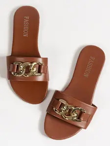 Women's Fashionable Chain Decorated Slide Sandals, Casual Comfortable Flat Sandals for Summer, Lightweight Breathable Slippers for Daily Wear, Walking Shoes, Buckle Decorated Slides