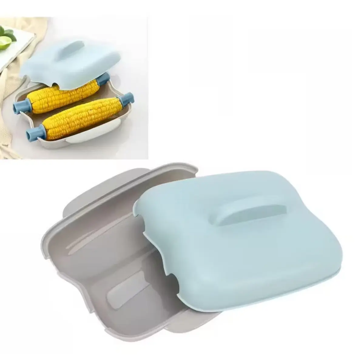 Microwave Corn Steamer with Lid & Handle – Portable Corn on the Cob Cooker for Kitchen, Office & Dorm, Dishwasher Safe (Blue)