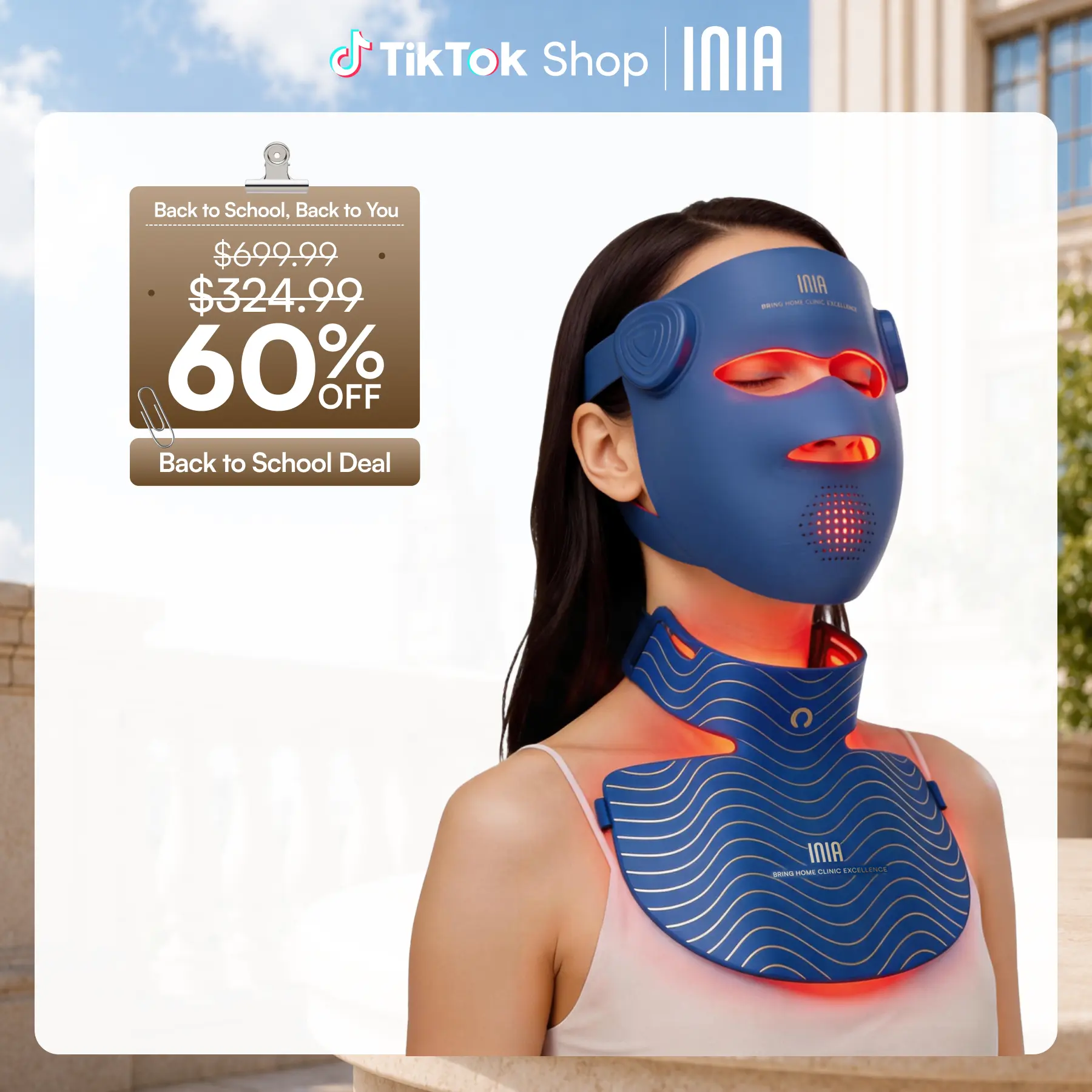 INIA GLOW 940nm 4D Face Mask & Neck Mask Bundle, Deep Dual NIR Repair (940+850nm), Cooling Therapy for Lift, Glow & Wrinkle Reduction, Face to Chest Anti-Aging,Summer Travel Accessories,back to school,back to school haul