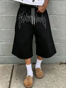 Courageous Gothic Letter Print Seven-Eleven Pants, Men's Dark Street Style Baggy Loose Fit Gym Shorts, Summer Casual Wide Leg Mid-Length Pants