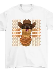 Cartoon Masked Peanut Man Goop Letter Print T-Shirt, Unisex Summer American Retro Loose Short Sleeve Top, Casual Geometric Pattern
