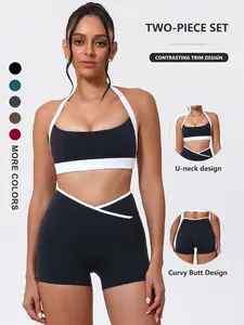 Women's Two-Piece Yoga Set, High Waist Quick Dry Shorts & Sleeveless Top, Yoga Clothes Set, Colorblock Design, V-Neck, Ideal for All Seasons，One Sports Bra + One Shorts, Athletic Sports Clothing