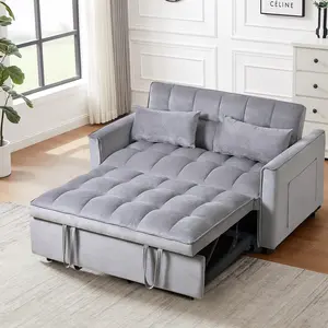 3 in 1 Convertible Sleeper Sofa Bed, Modern Pull Out Couch Bed, Adjustable Backrest, Velvet Loveseat Futon Sofa with Pillows & Pockets for Living Room Apartment, Grey