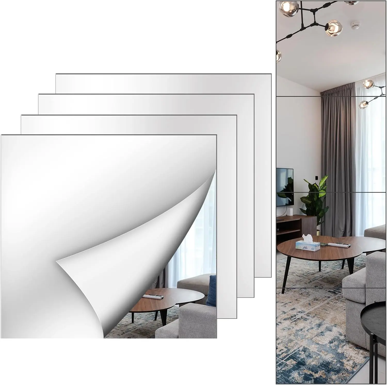 4 Pack Wall Mirror Full Length, 12 x 12 Inch Acrylic Mirror Tiles, Shatterproof Flexible Plastic Mirror Sheets for Bedroom Home Gym Door