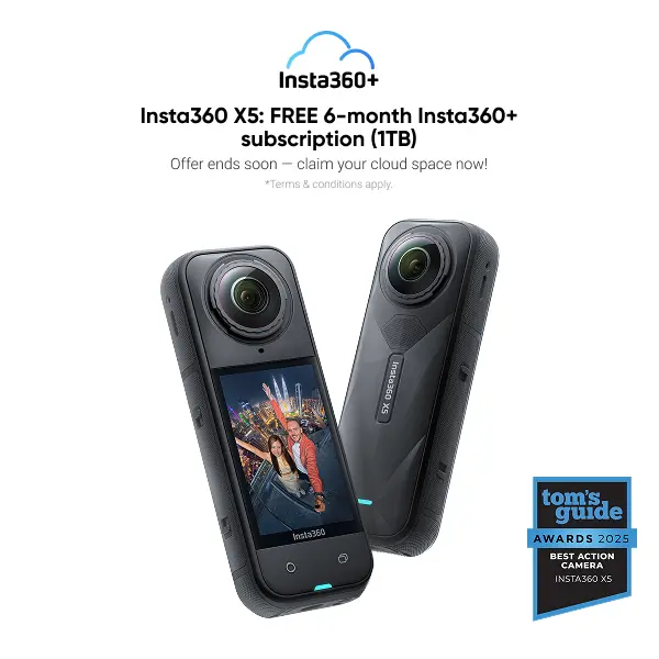 Insta360 X5 - Waterproof 8K 360° Action Camera, Leading Low Light, Invisible Selfie Stick Effect, Rugged and Replaceable Lens, 3-Hour Battery, Built-in Wind Guard, Stabilization, Triple AI Chip Design