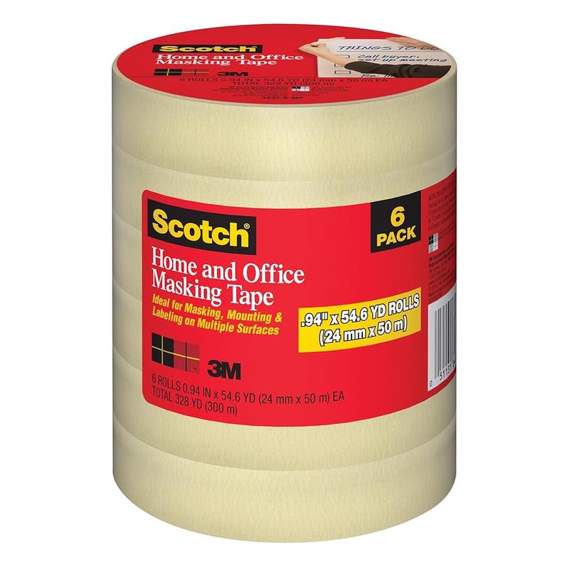 Scotch Masking Tape 6 Rolls, 0.94 in x 54.6 yd Tan For Everyday Use Strong Adhesive