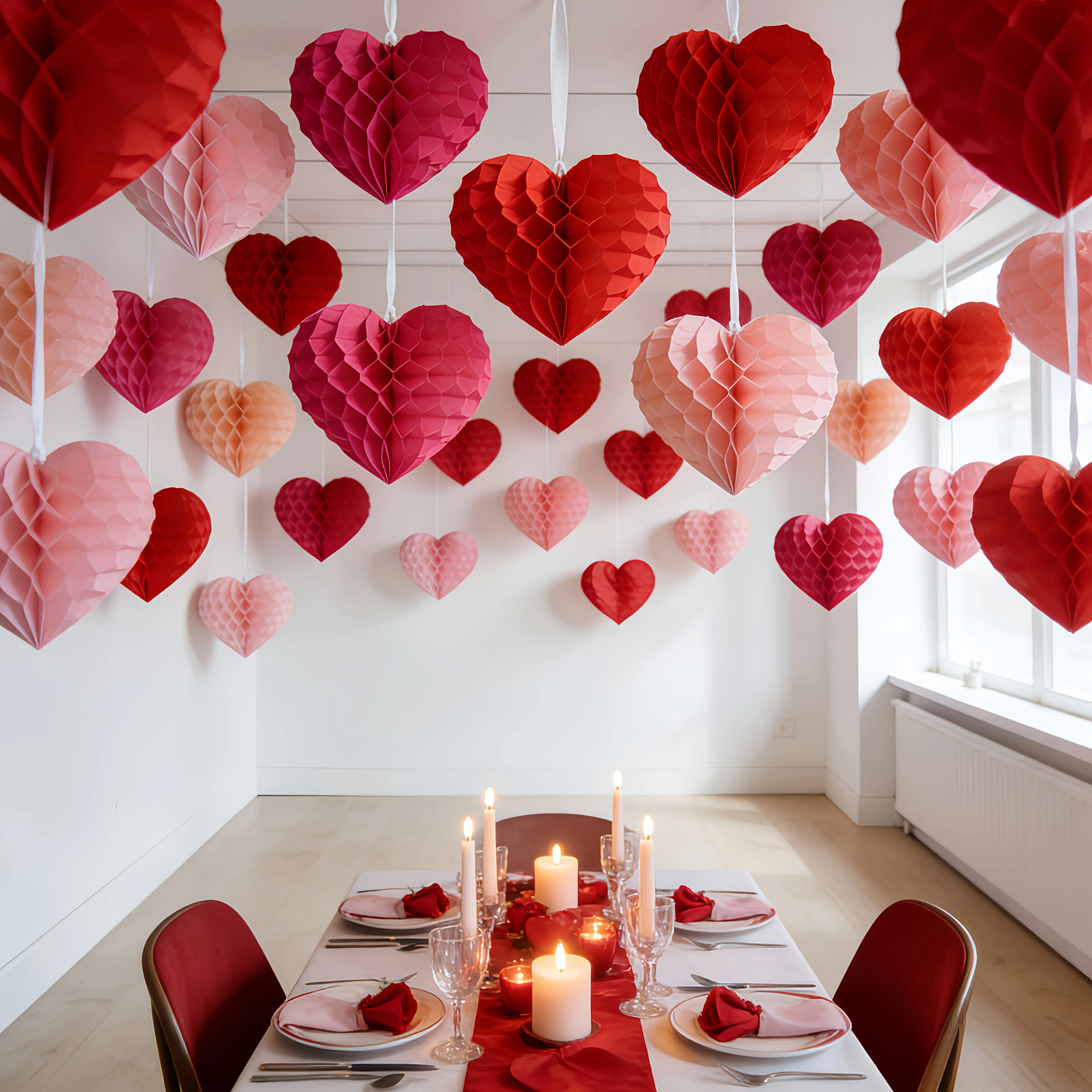4 Red + 4 Pink Valentine's Day Pom Pom Paper Flower Set, Honeycomb Ball Decorations, Paper Heart Decorations, Heart-shaped Hanging Ornaments, Versatile Celebration Decorations, Multifunctional Hanging Ornaments, Weddings & Engagemen# Summervibes