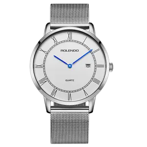 Men's Slim Silver Quartz Watch, Minimal White Dial Roman Numeral Markers Bright Blue Hands Date Window Fine Mesh Milan Steel Strap Ultra Thin Business Casual Dress Wrist Watch