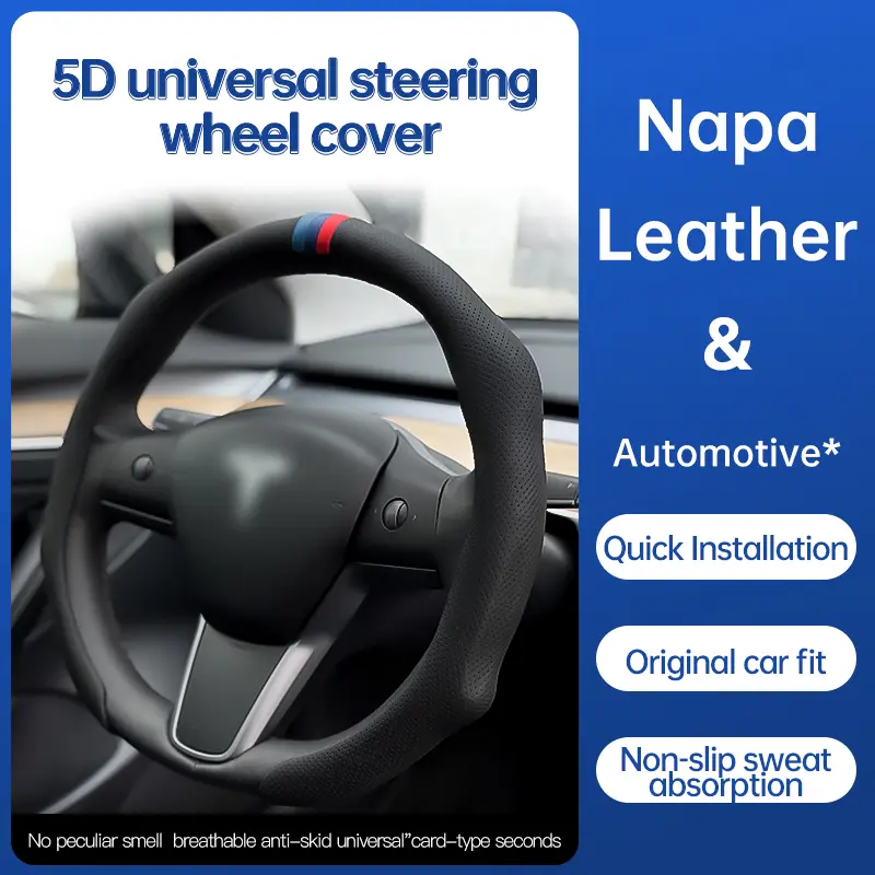 Napa Nappa Leather  Three-color Stripe Centering Mark Steering Wheel Cover Quick Turn Non-Slip Breathable Ultra-Thin Universal Grip Cover Suitable for Four Seasons car accessories FathersDayGift campingessentials