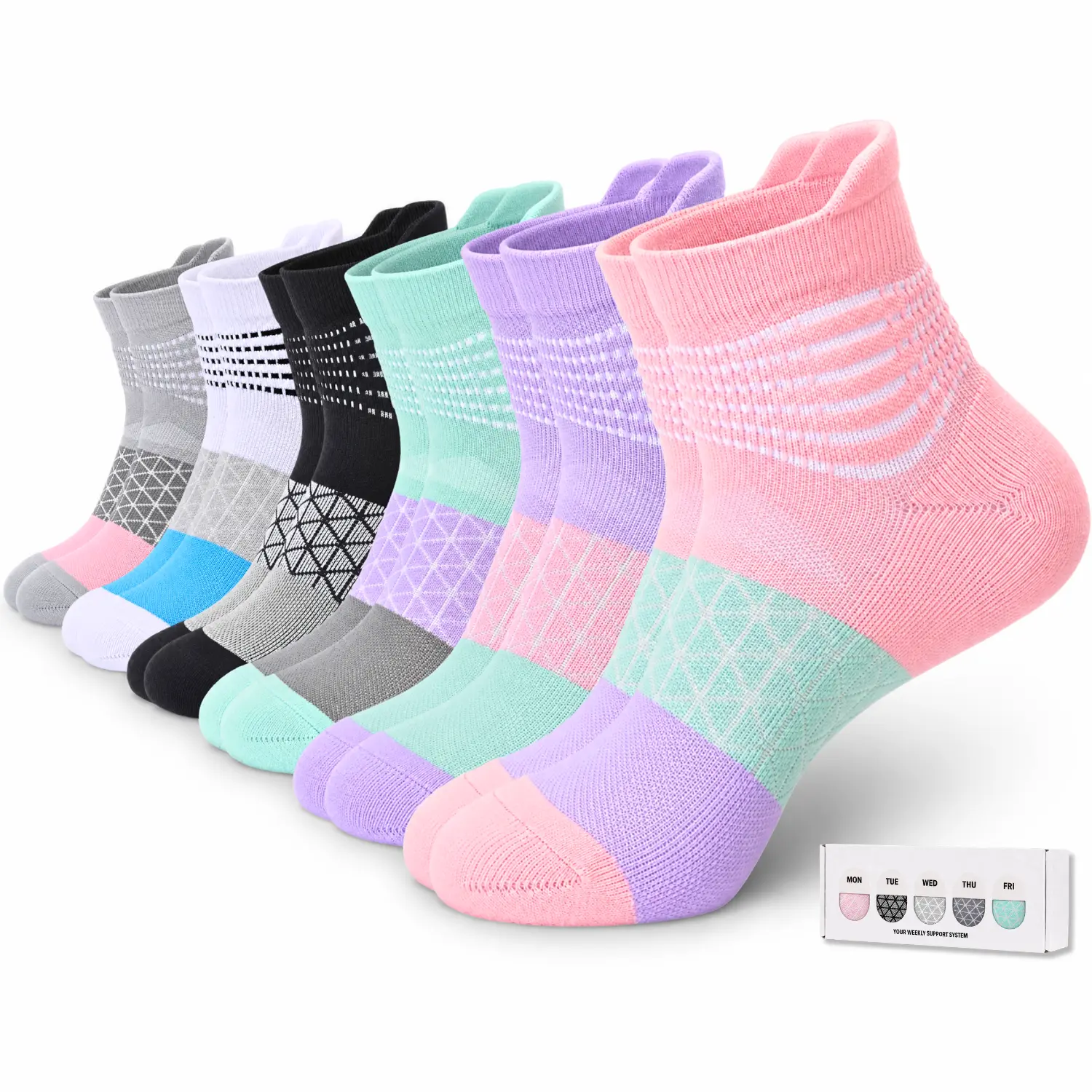 【IRAMY 】6 Pairs Women's Compression Ankle Socks with Cushioned Arch Support, Elastic 6-Ring Design for Running & Plantar Fasciitis, Elastic Socks, Sports Running Socks