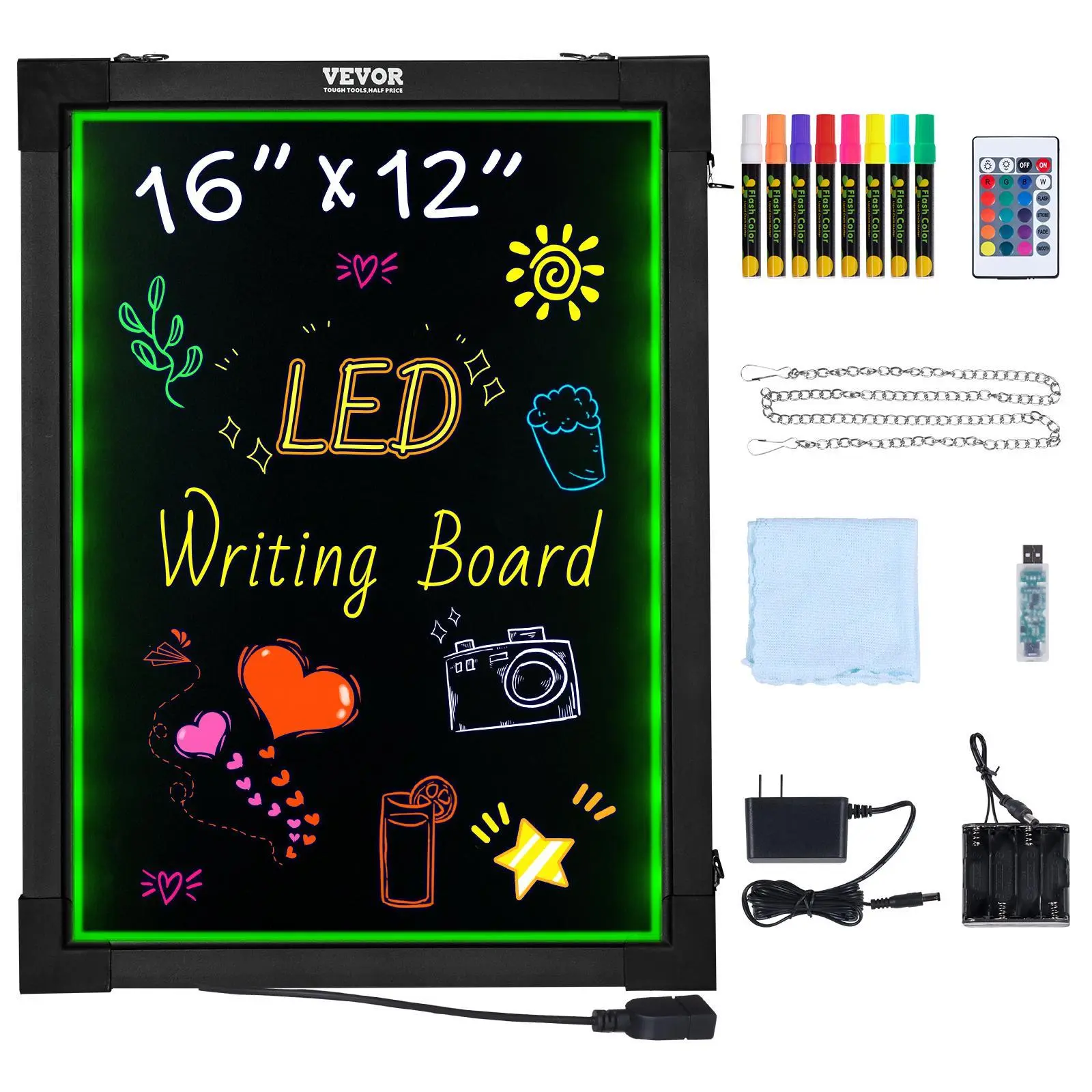【Summerfinds】VEVOR LED Message Writing Board, 16"x12" Illuminated Erasable Lighted Chalkboard, Neon Effect Menu Sign Board, Drawing Board with 8 Fluorescent Chalk Markers and Remote Control, for Home Wedding Shop