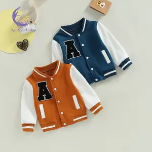 Baby Boys Girls Baseball Jackets Toddler Letter Pattern Contrast Color Long Sleeve Buttons Front Coat Autumn Winter Outerwear