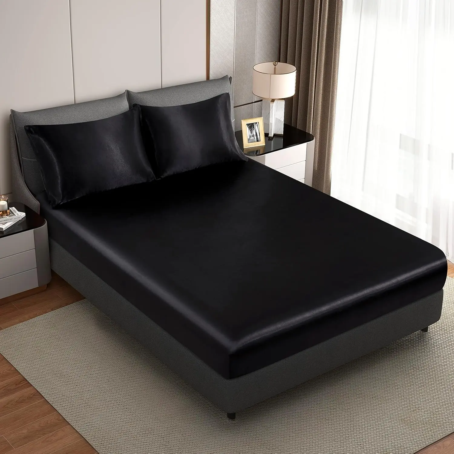Silk Satin Black  Fitted Sheet, Deep Pocket Fitted Sheet Only, Breathable, Non- Fading, Fully Elasticized Bed Sheets Sold Separately