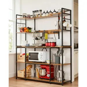 Industrial Kitchen Bakers Rack with Power Outlet  4-Tier Microwave Oven Stand  Large Wooden Storage Shelf  Coffee Bar Table with 6 S Hooks  Sturdy Organizer for Bread, Spices, Pots  Pans, Brown