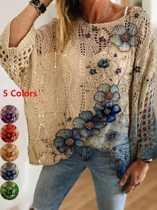 Women's Vintage Blue Gradient Floral Animal Print Batwing Knit Top, Casual Elegant Vacation Style, Comfortable Breathable Loose Fit